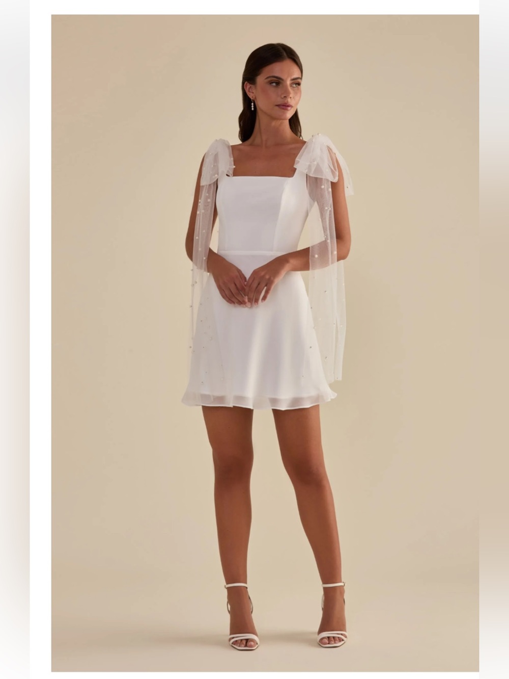 Birdy Grey White Mini Dress with Sheer Pearl-Embellished Capes